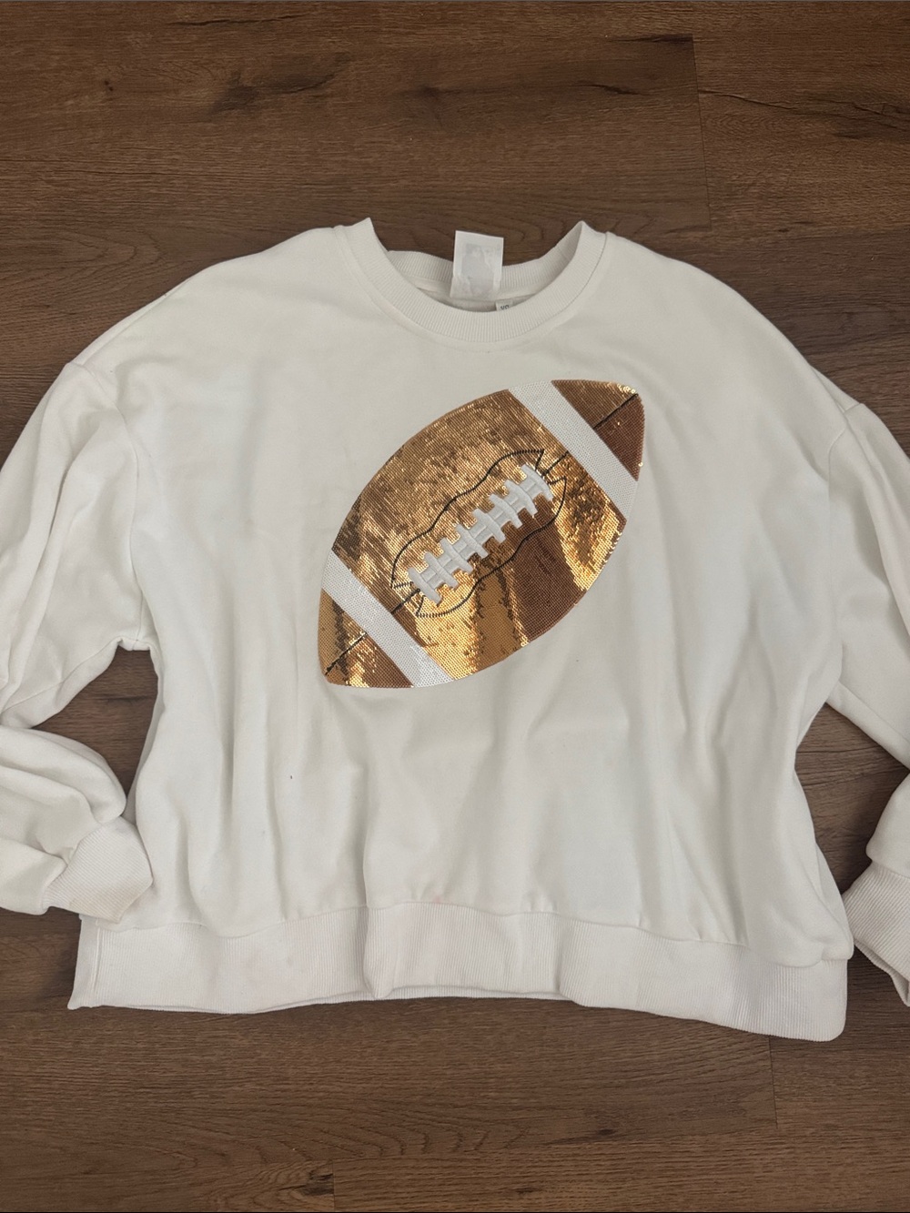 QUEEN OF SPARKLES White Sweatshirt with Gold Sequin Football